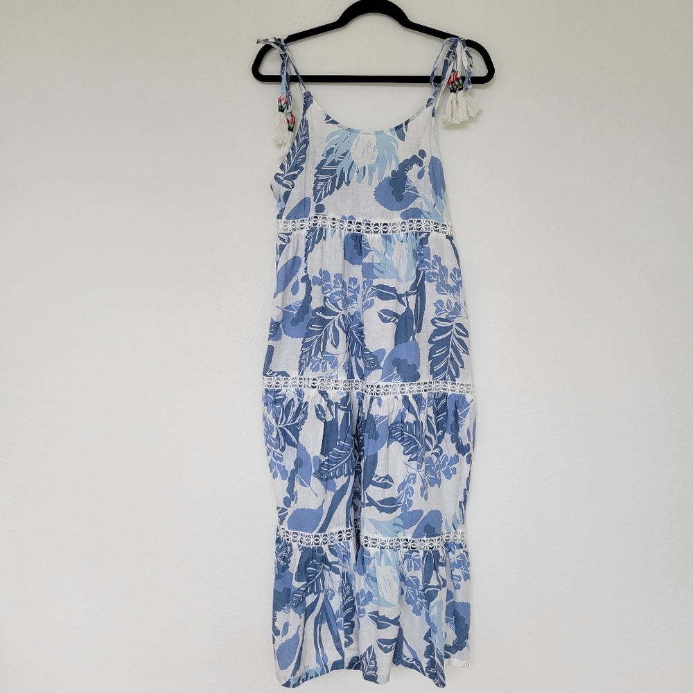 Rachel Zoe | NWT Tropical Print Linen Blend Tiered Midi Dress Blue White Size M